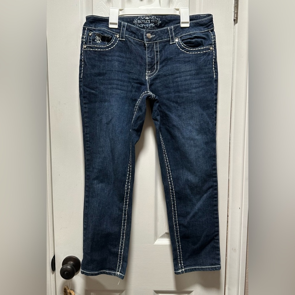 Paisley Sky Dark Blue Denim Capri Jeans